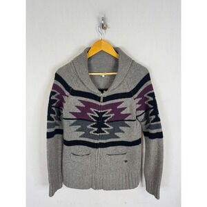 Kismet Mens Grey Southwestern Shawl Collar Full Zip Wool Blend Sweater Size M